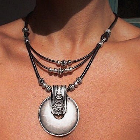 Boho, Hippy, Tribal Statement Necklace Leather Bohemian - Picture 1 of 5